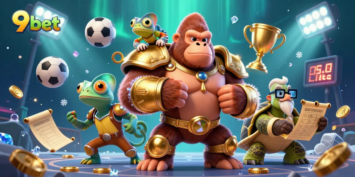 Experience thrilling action with 9bet's dynamic sports betting illustration featuring a gorilla, chameleon, and tortoise.