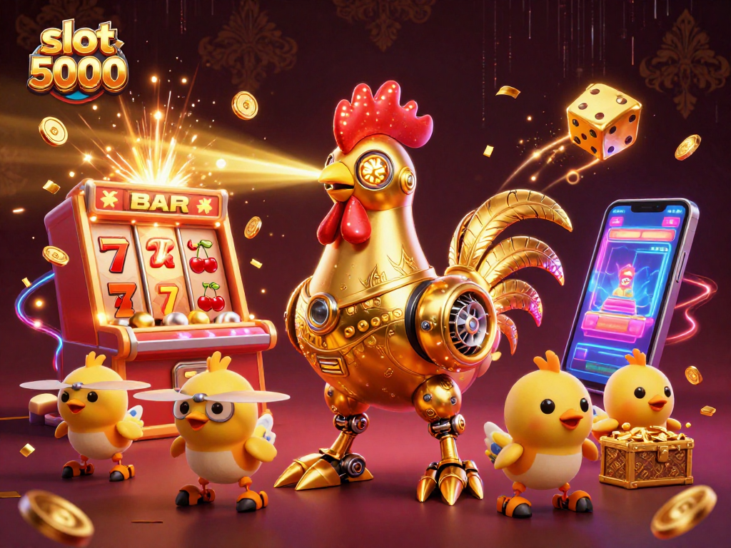 Experience slot 5000 excitement with a golden rooster robot and dynamic casino elements.
