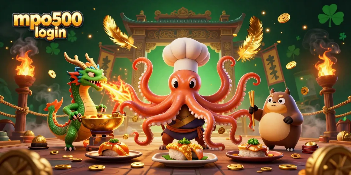 Experience the vibrant mpo500 login scene with a sushi chef octopus and a dragon amid golden casino elements.