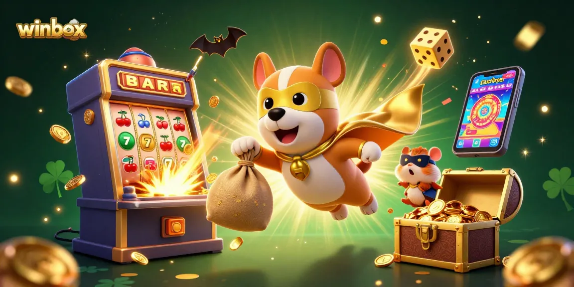 Experience fortune and fun with winbox as a cartoon superhero dog navigates a dazzling casino world filled with jackpots and excitement.