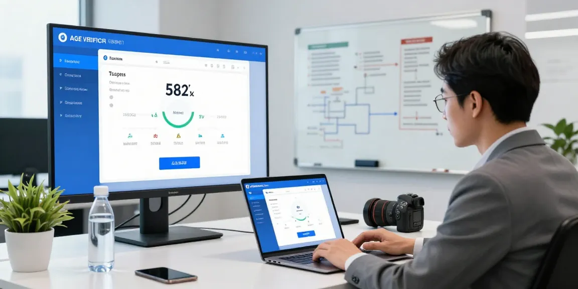 Age verification system showcased in a modern office with analytics and professional setup.