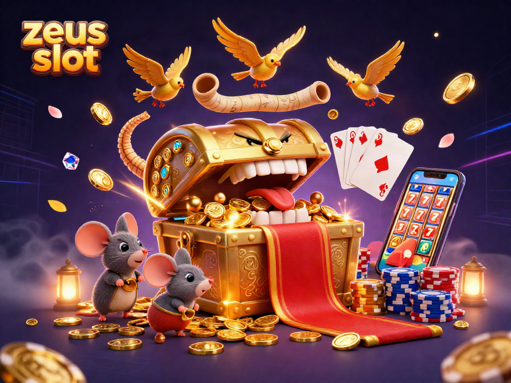 Experience winning action with zeus slot in a vibrant, dynamic casino scene showcasing treasure and game elements.