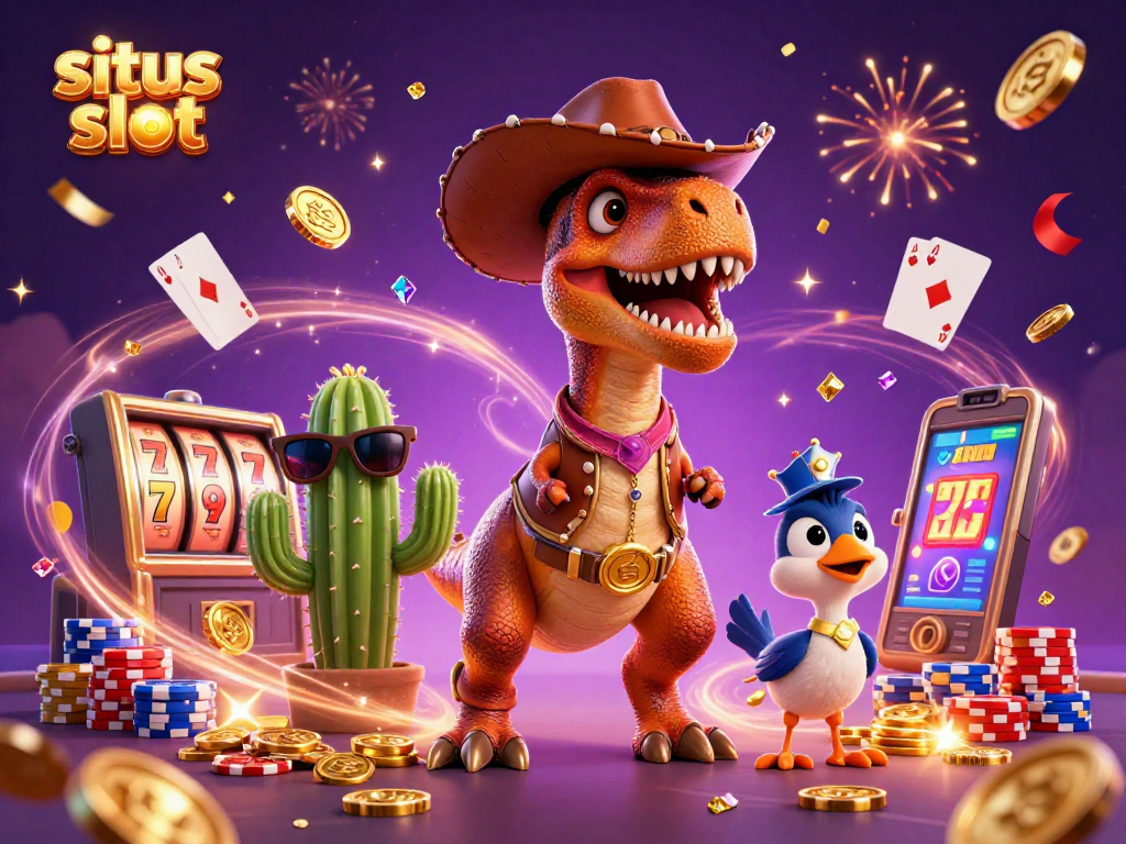 Experience the excitement of situs slot with a dynamic 3D scene featuring lively characters and casino elements.