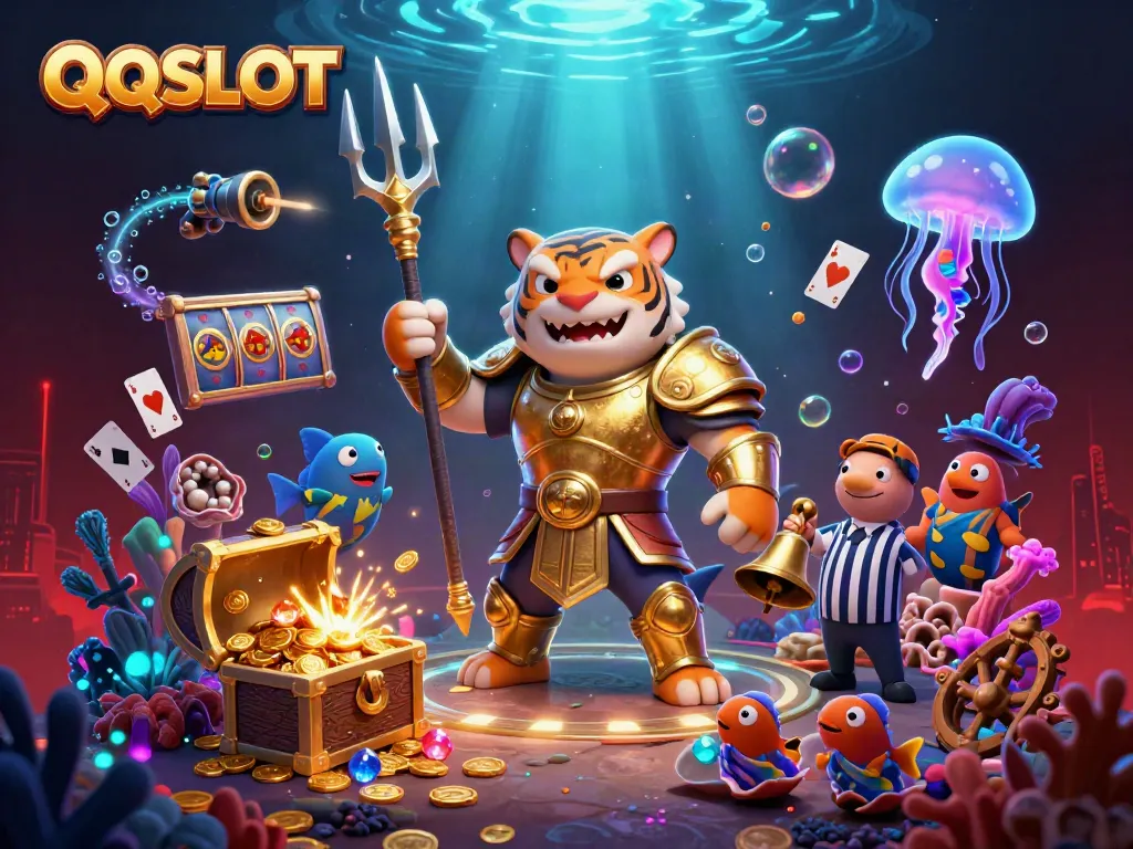 Engage with QQSLOT in an underwater colosseum, showcasing a dramatic scene with a tiger shark in gladiator armor.