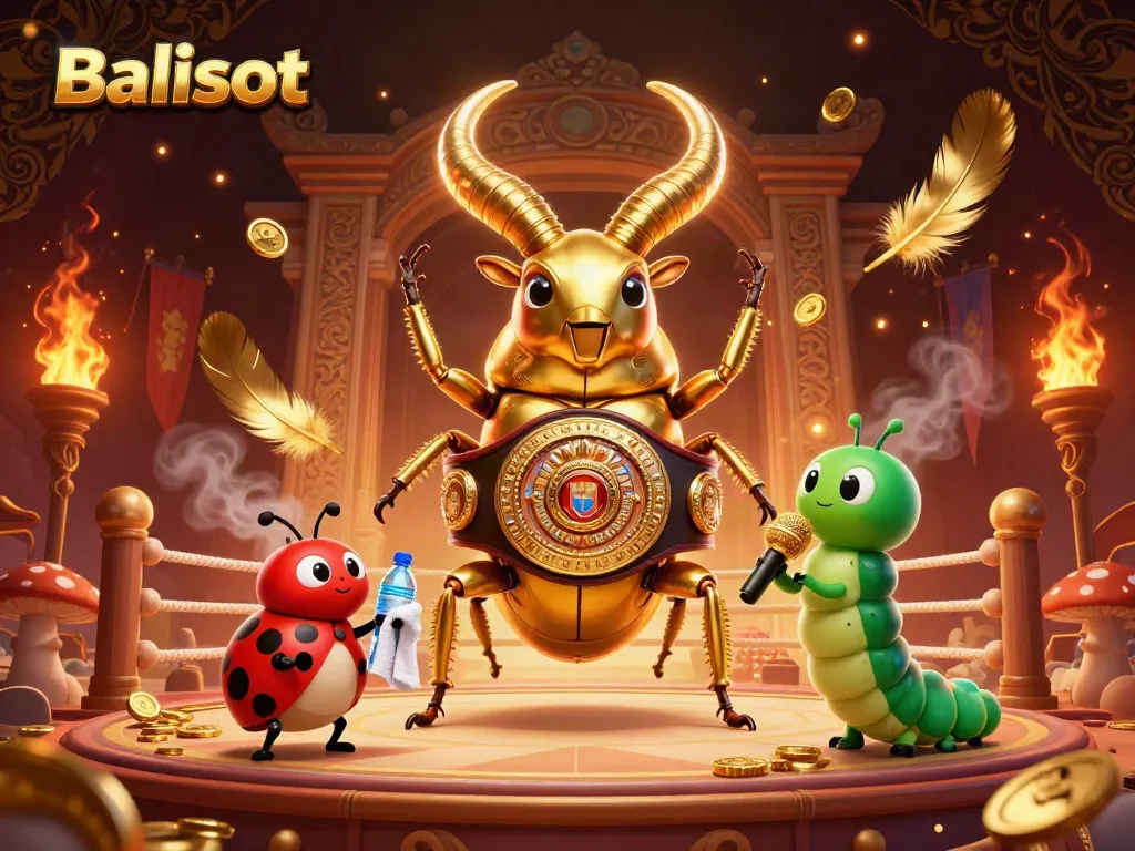 Engage with Balislot's thrilling slots experience featuring a golden stag beetle champion in a vibrant casino scene.