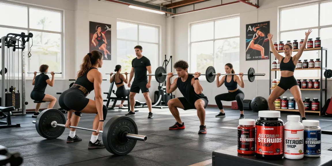 Engaged athletes at a gym showcasing Astera Steroids Shop products amid an energetic workout atmosphere.