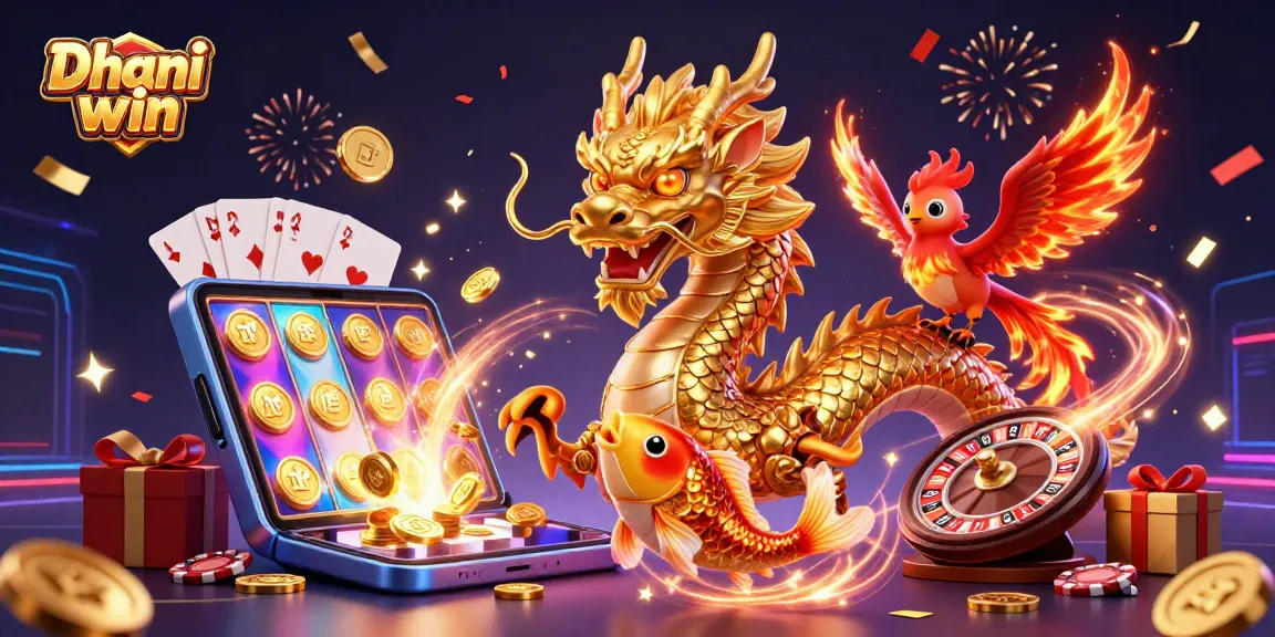 Engage in thrilling gameplay with Dhani win, featuring a golden dragon, phoenix, koi fish, and vibrant gaming elements.