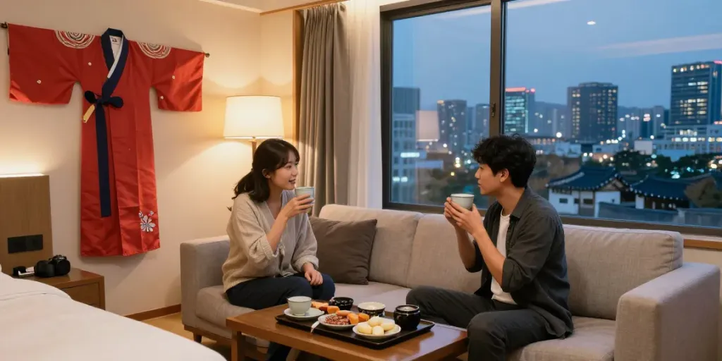 서울오피에서 편안한 저녁을 즐기는 여행자들, 전통 한국 인테리어와 도시 전경을 배경으로