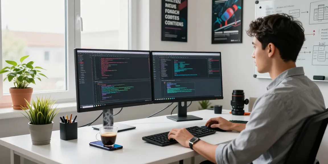 Dynamic workspace for software development featuring a developer at their desk with coding applications on dual monitors, showcasing teiegramin.com.
