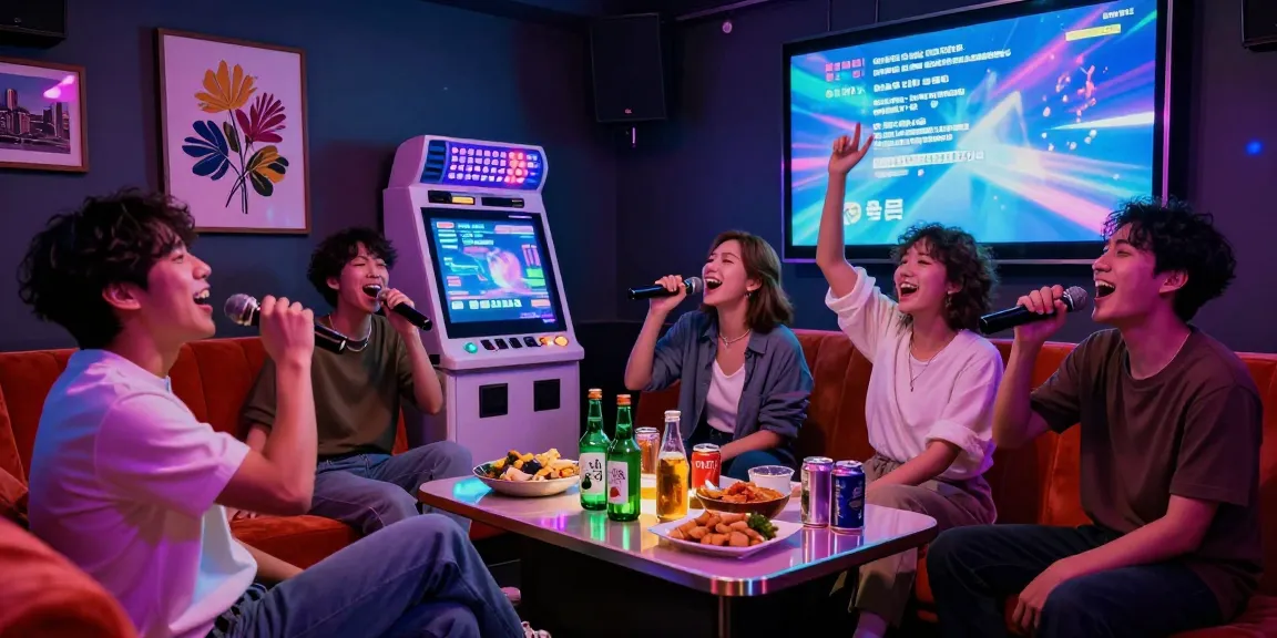 Group of friends enjoying 강남노래방 experience with vibrant LED lights, singing and celebrating in a lively karaoke room.
