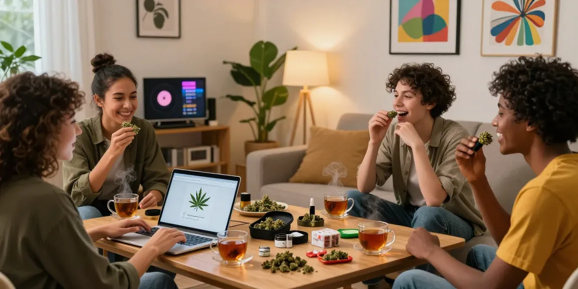 Has Anyone In England Ordered Top Grade Cannabis Online Successfully? Friends sharing experiences about cannabis purchased online in a cozy living room.