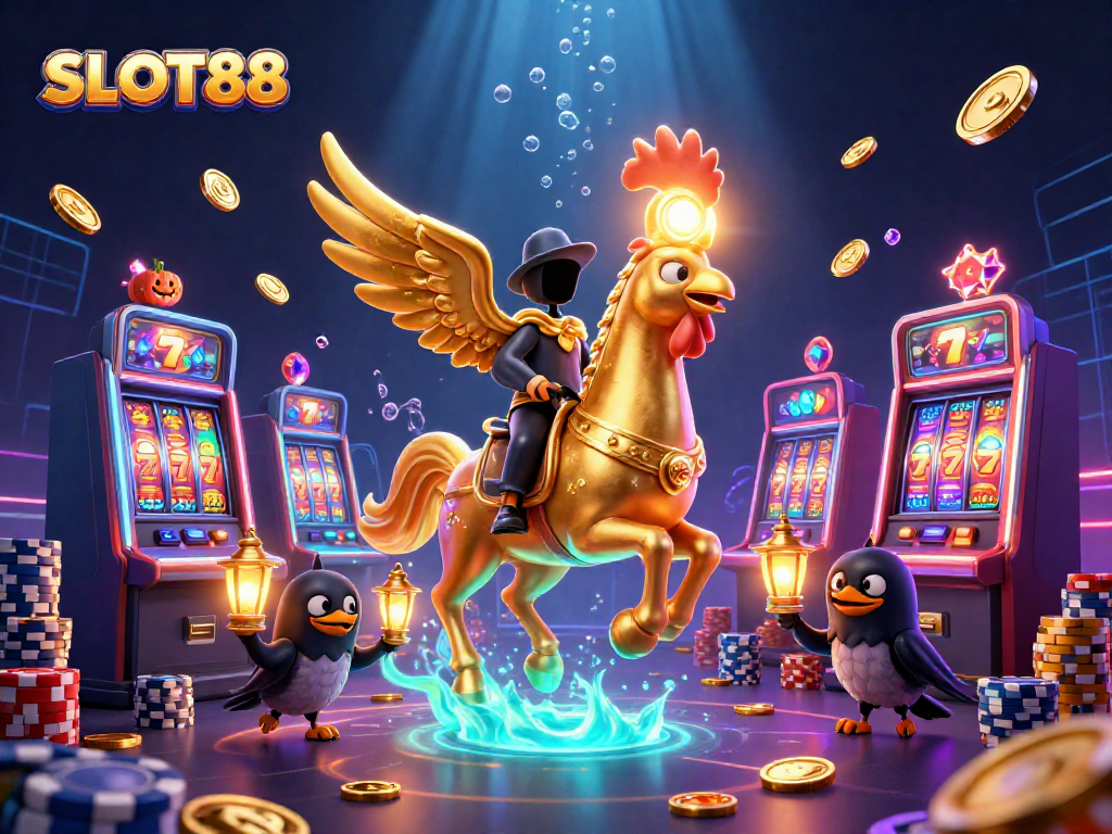 SLOT88 menampilkan ilustrasi kasino dengan ayam emas dan elemen permainan yang meriah.