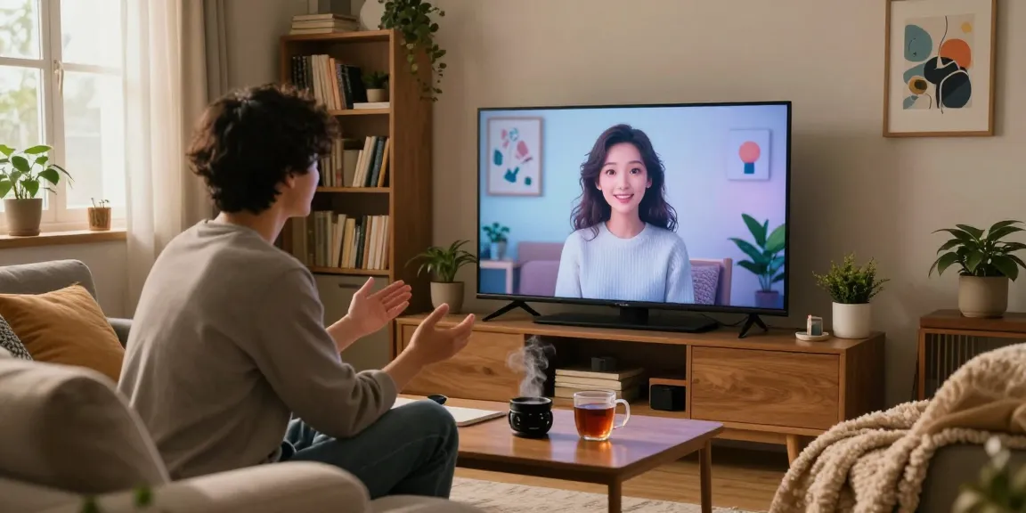 Cozy living room with young person interacting with AI gf on screen
