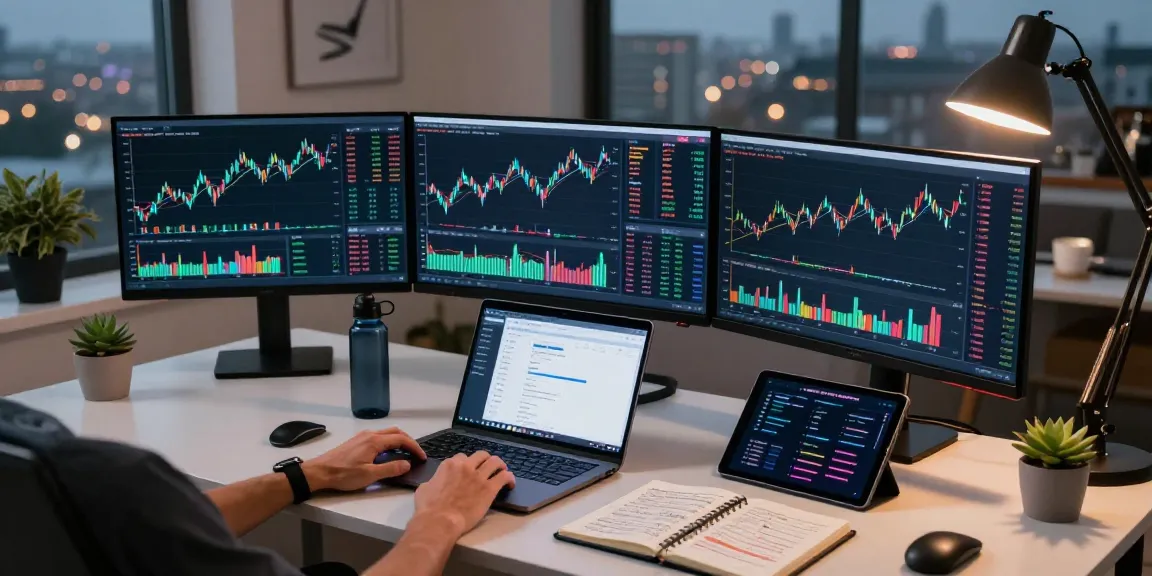 Cricbet99 cryptocurrency trading workspace with multiple monitors and charts for live market analysis.