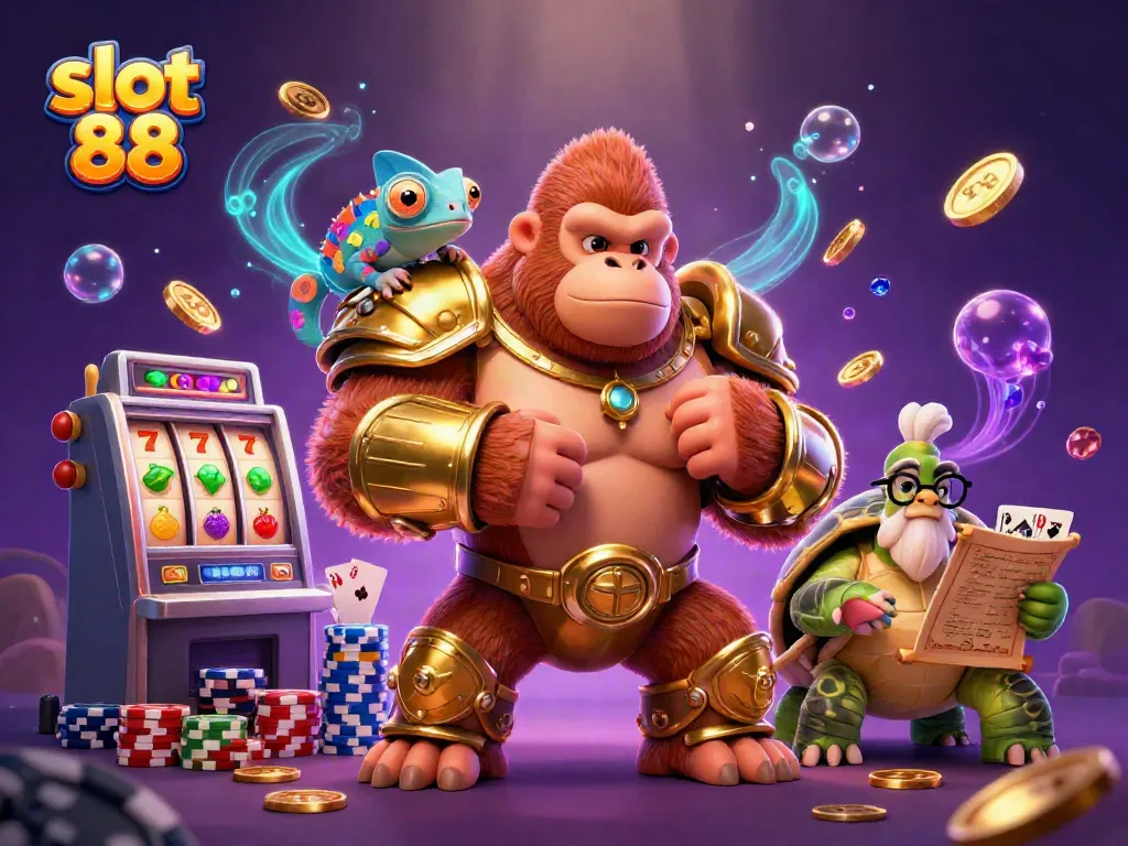 Play slot 88 with powerful characters in a colorful casino-themed scene, showing high-energy gaming.
