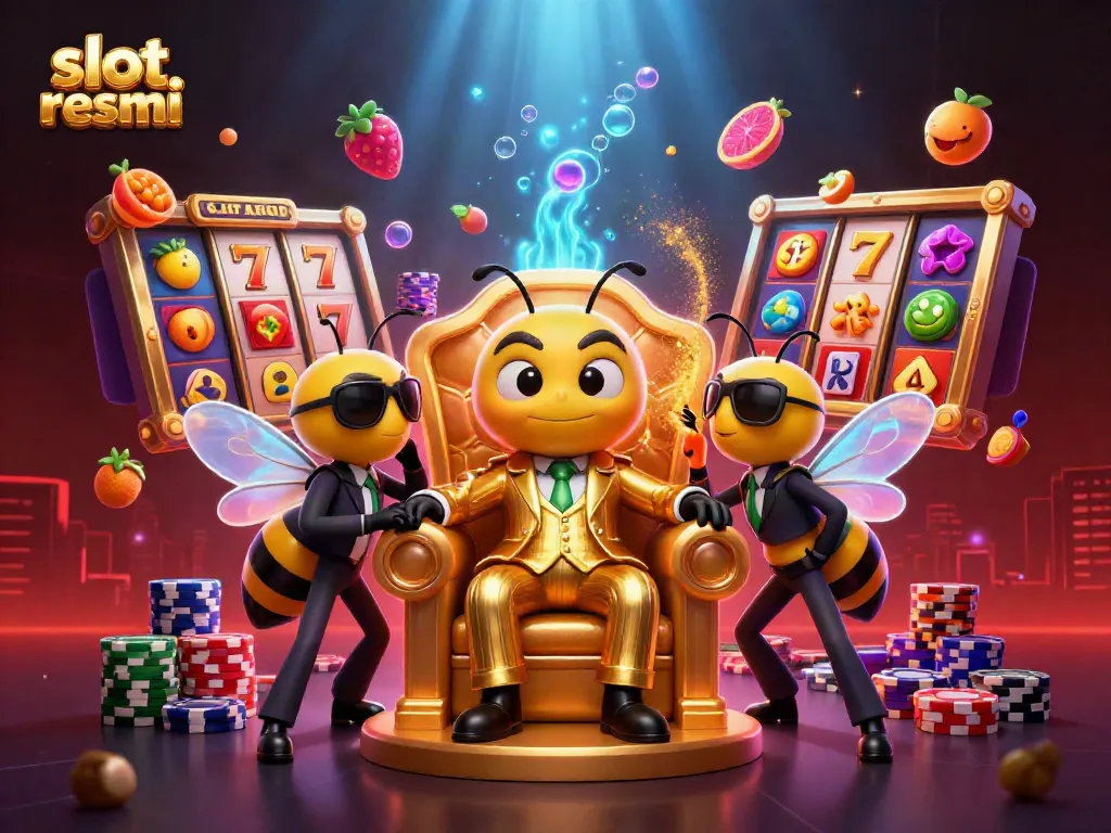 Experience the excitement of slot resmi with a bumblebee mob boss and game elements in a vibrant casino scene.