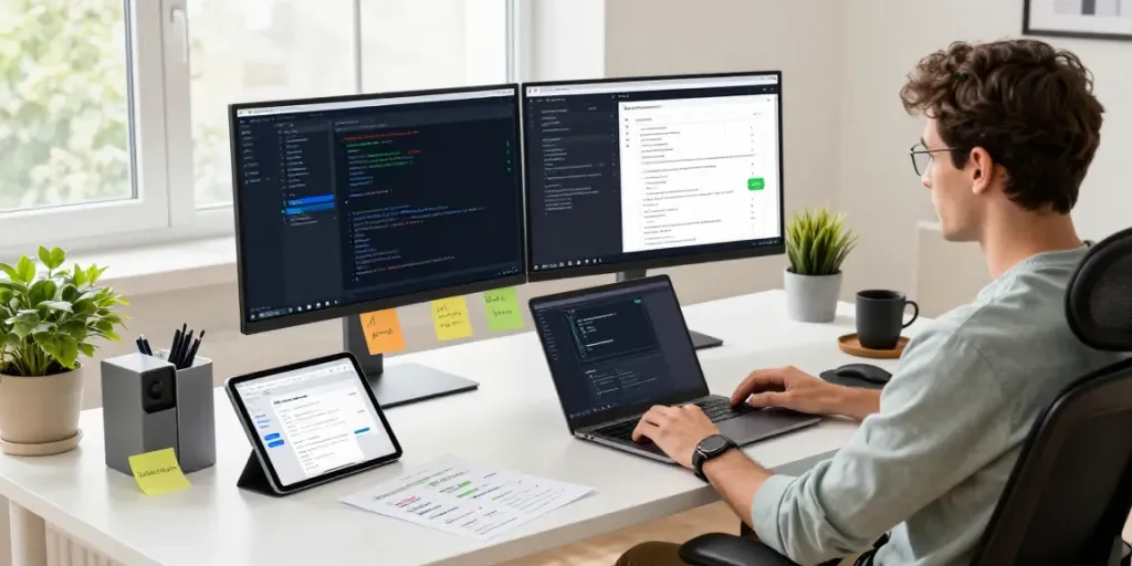 Developer at a modern workspace focusing on free open-source apps from h5.2113.net, showcasing technology and creativity.