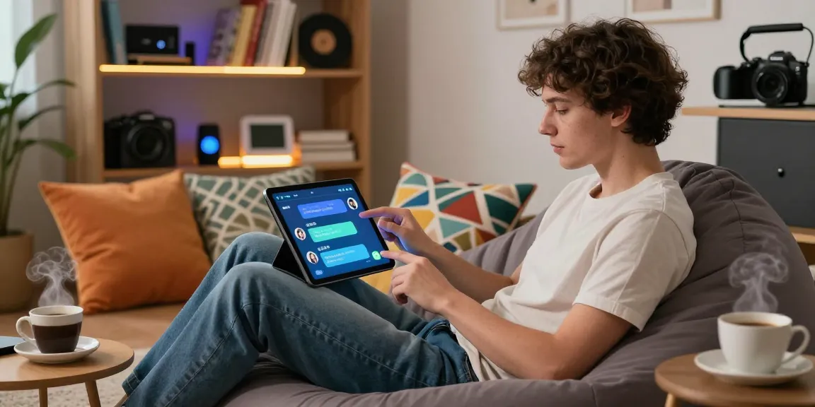 Interactive scene of nsfw ai chat with a young adult using a tablet in a cozy virtual space