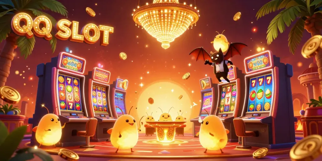 Experience thrilling QQ SLOT gaming with vibrant slot machines illuminated by glowing characters.