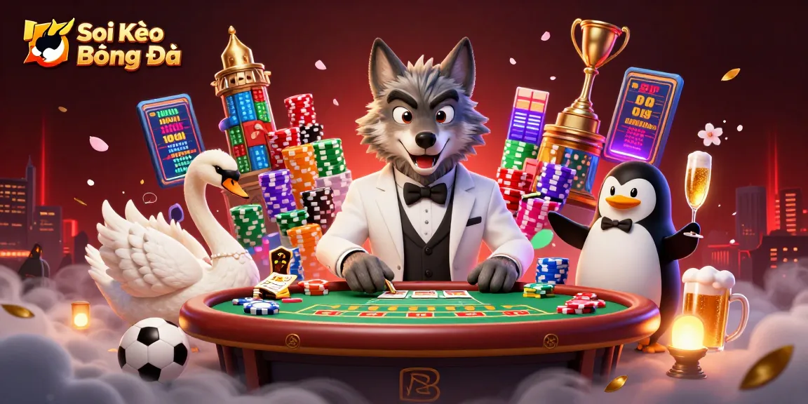 Soi Kèo Bóng Đá sports betting scene showcasing a wolf, swan, and penguin amidst vibrant stadium elements.
