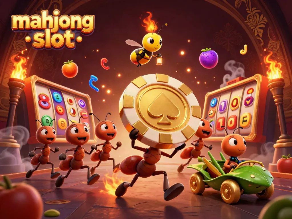 Experience the exciting mahjong slot as a team of ants heist for a golden poker chip, surrounded by dynamic slot elements.