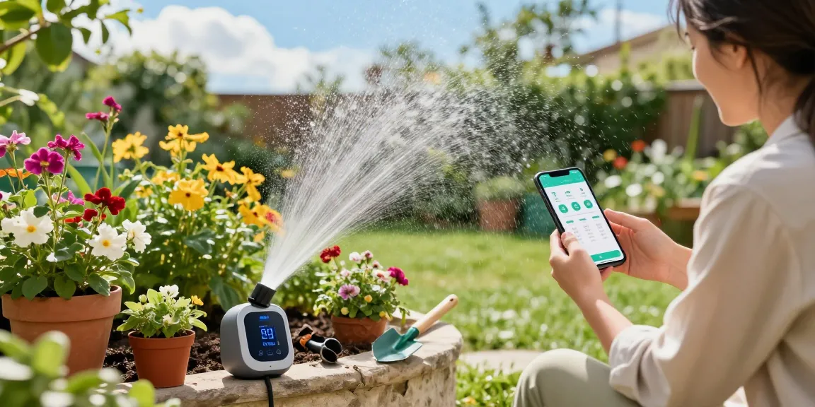 Effortlessly watering vibrant garden with rainpoint sprinkler timer on display and gardener using smartphone app.