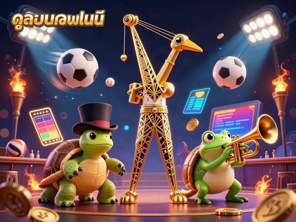 Experience live sports action with ดูบอลออนไลน์ featuring vibrant 3D characters in a dynamic, gambling-themed scene.