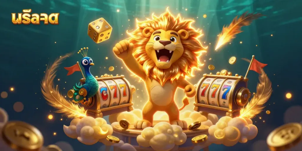 Engage with the excitement of สล็อต in this dynamic 3D casino scene featuring a roaring lion and vibrant game elements.