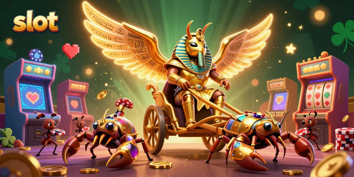 Spin and win with vibrant slot game elements featuring a golden scarab and scorpions.