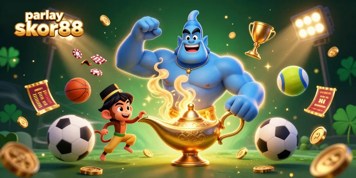 Bet on parlay skor88 with a lively depiction of a genie and sports elements illustrating vibrant betting excitement.