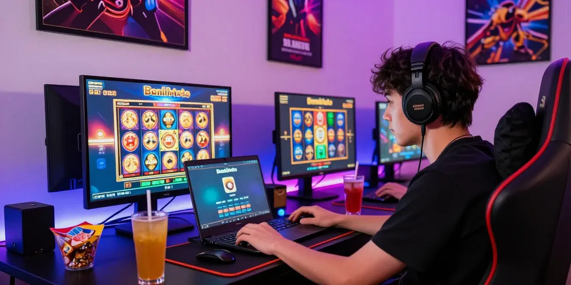 Engaging online gaming scene with Benihtoto link on laptop, highlighting colorful slot graphics.