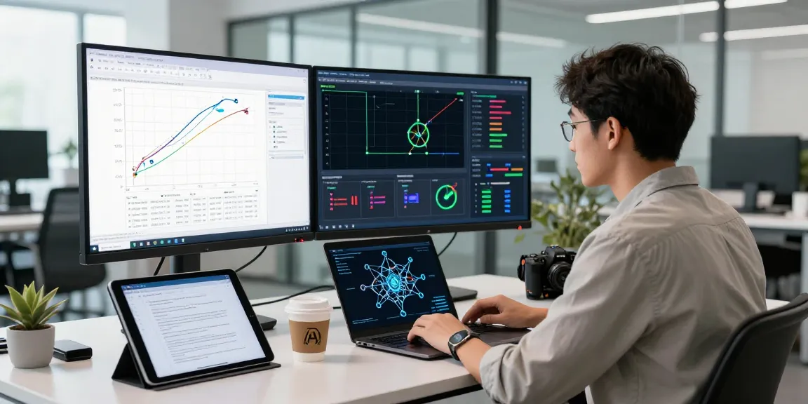Data scientist utilizing AI-Generated Image Detection tools in a modern office setting, showcasing advanced analytics and technology.