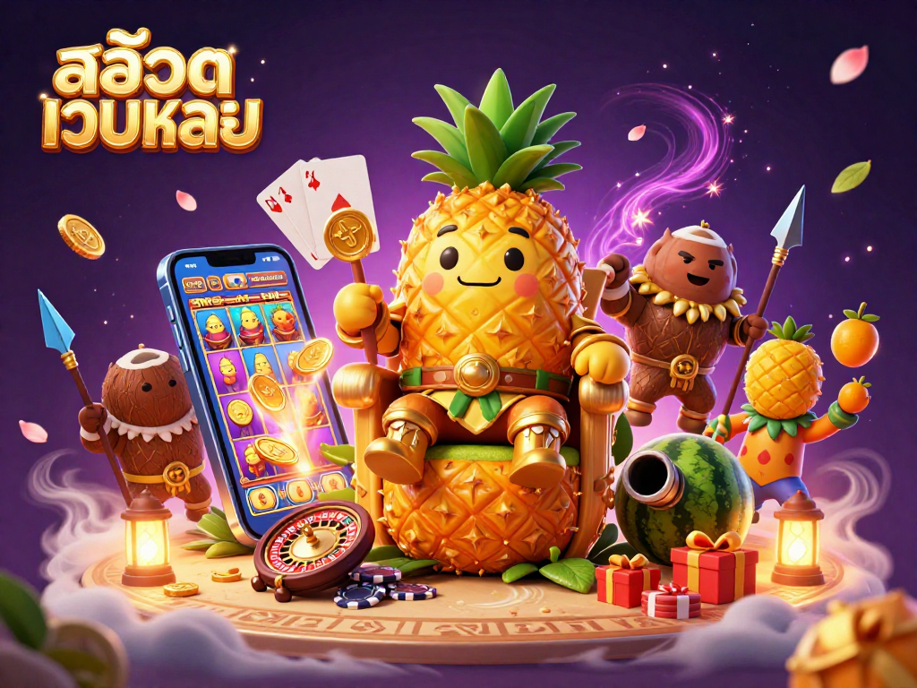 Engage with สล็อตเว็บตรง casino fun featuring a golden pineapple king, jester, and dynamic gaming elements.