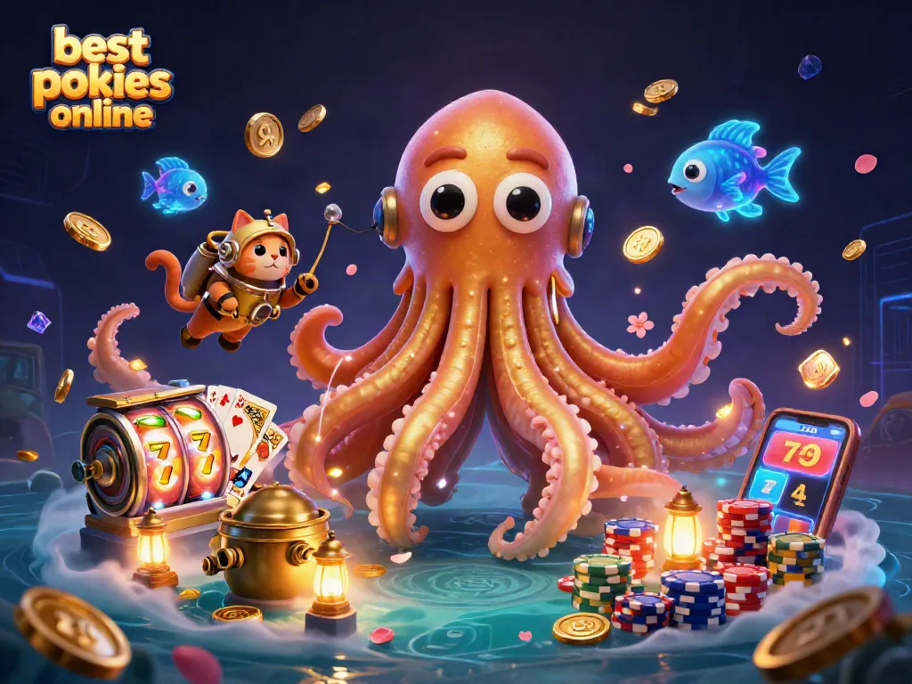 Spin on the best pokies online with a vibrant 3D illustration featuring a kraken and diving cat.