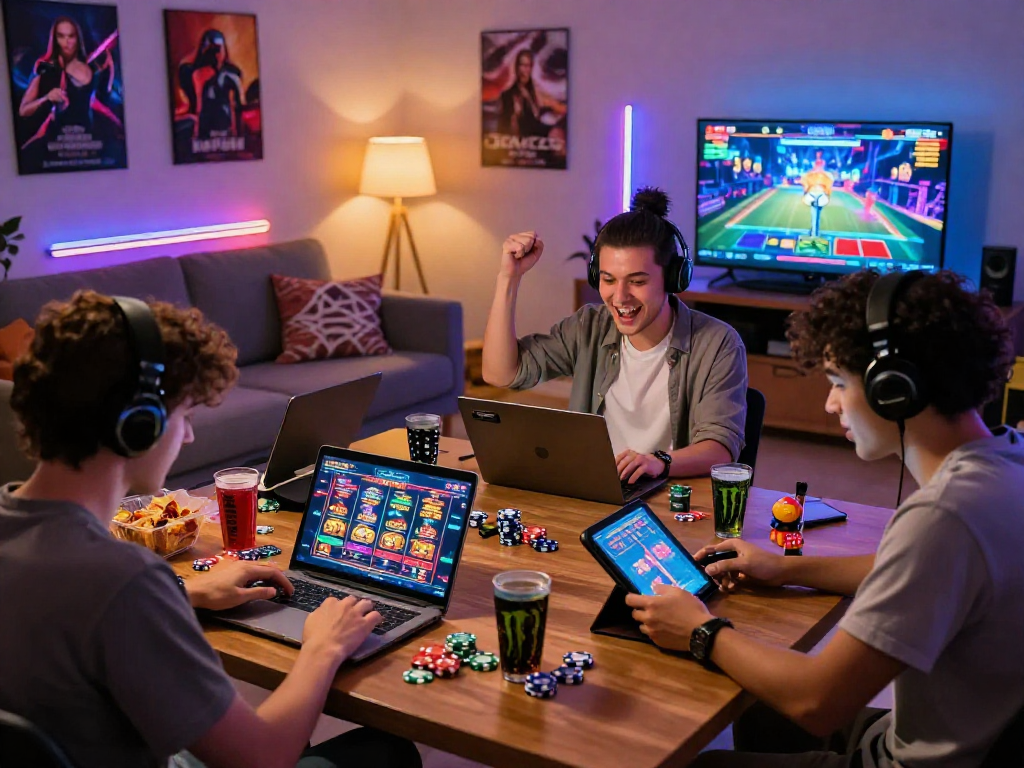 Exciting scene of players enjoying online casinos that accept credit card in a cozy living room, celebrating wins.