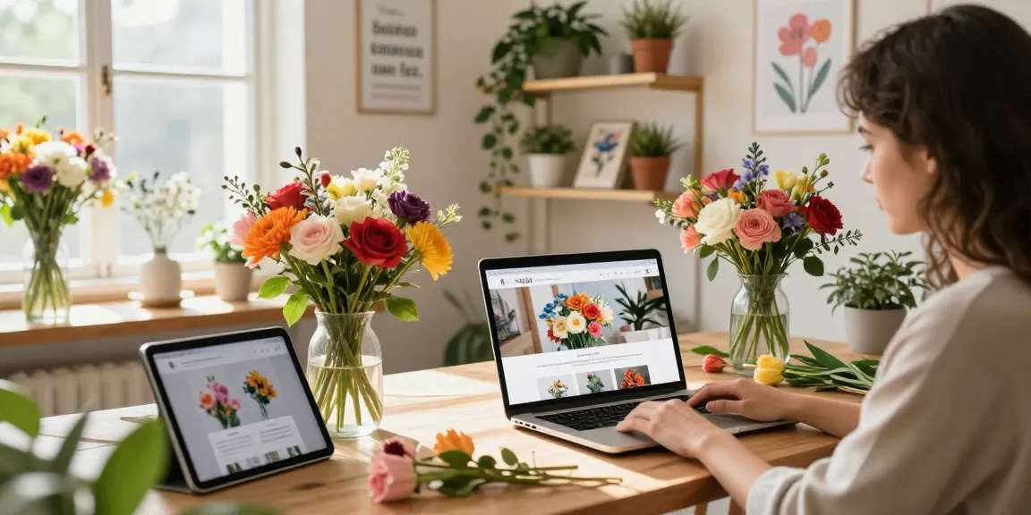Exploring MODALWD online floral classes with vibrant flower displays.