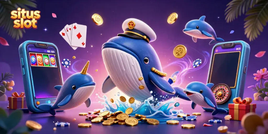 Experience thrilling moments on situs slot with a whale, narwhal, and playful dolphins surrounded by casino elements.