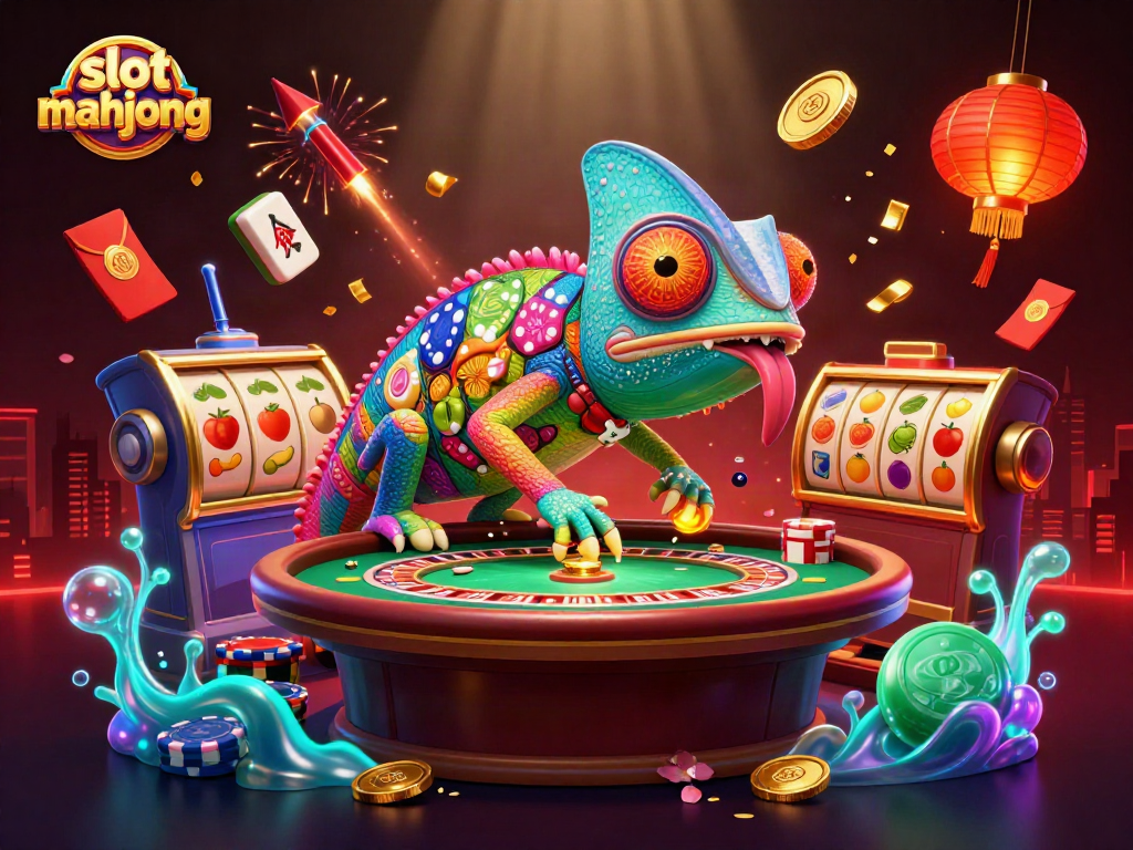 Spin to win at slot mahjong with exquisite 3D chameleon casino owner amid vibrant symbols.