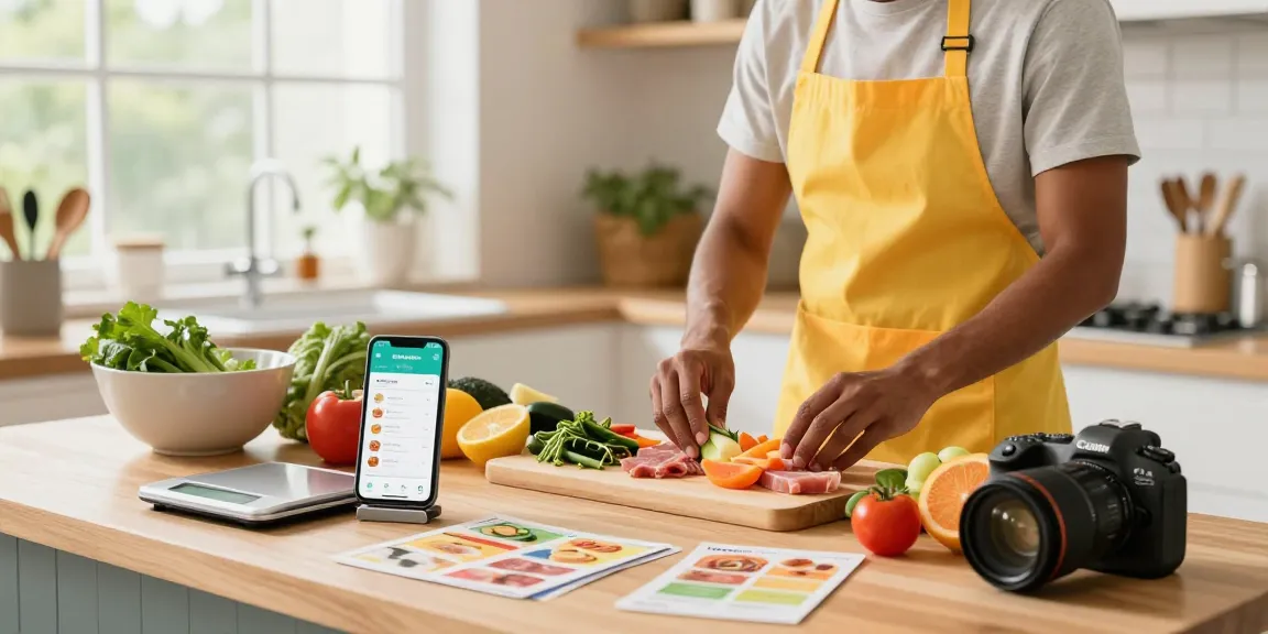 A health-conscious individual using the best food tracking apps in a bright kitchen, preparing fresh meals.