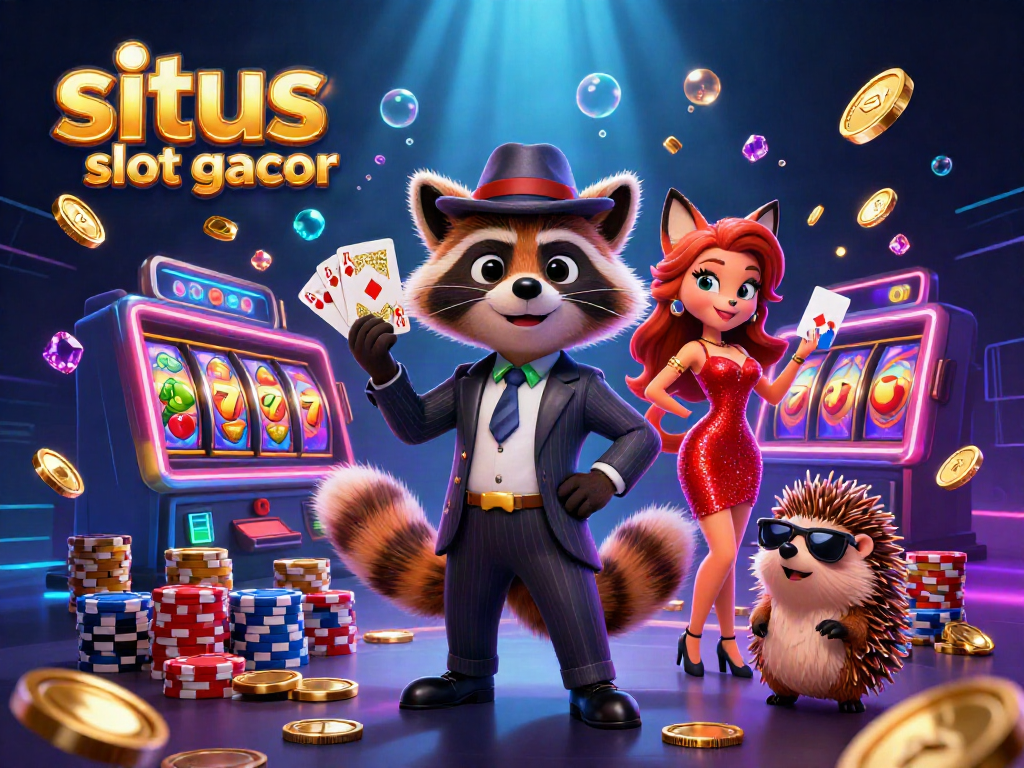 Engaging scene showcasing 'situs slot gacor' with a raccoon, fox, and hedgehog amidst slot machines and vibrant casino elements.