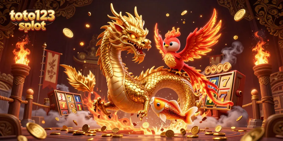 Toto123 slot showcases a golden dragon, fiery phoenix, and koi fish, set in a vibrant casino atmosphere.