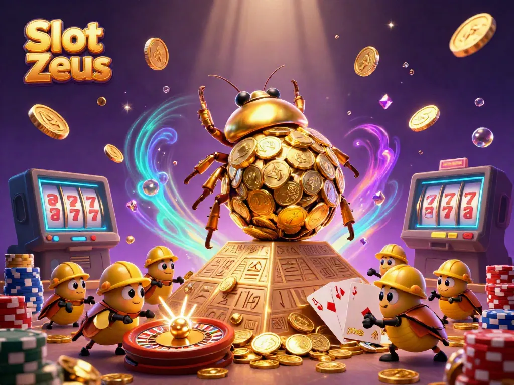 Experience thrilling Slot Zeus gameplay with vibrant illustrations of golden beetles and cascading coins.