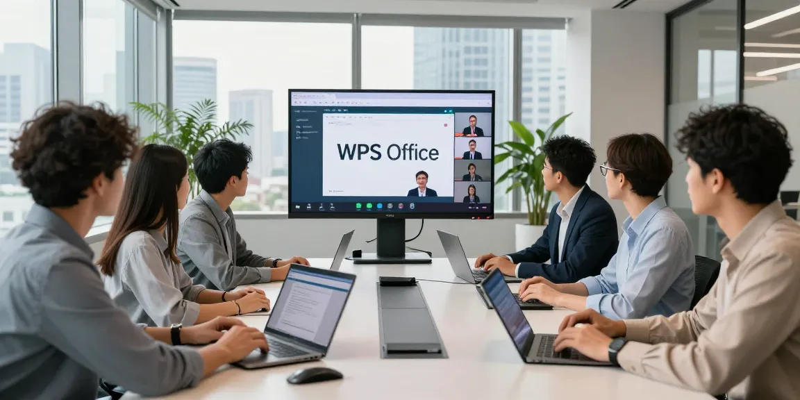 Team collaborating in a modern office setting using WPS下载 for seamless productivity.
