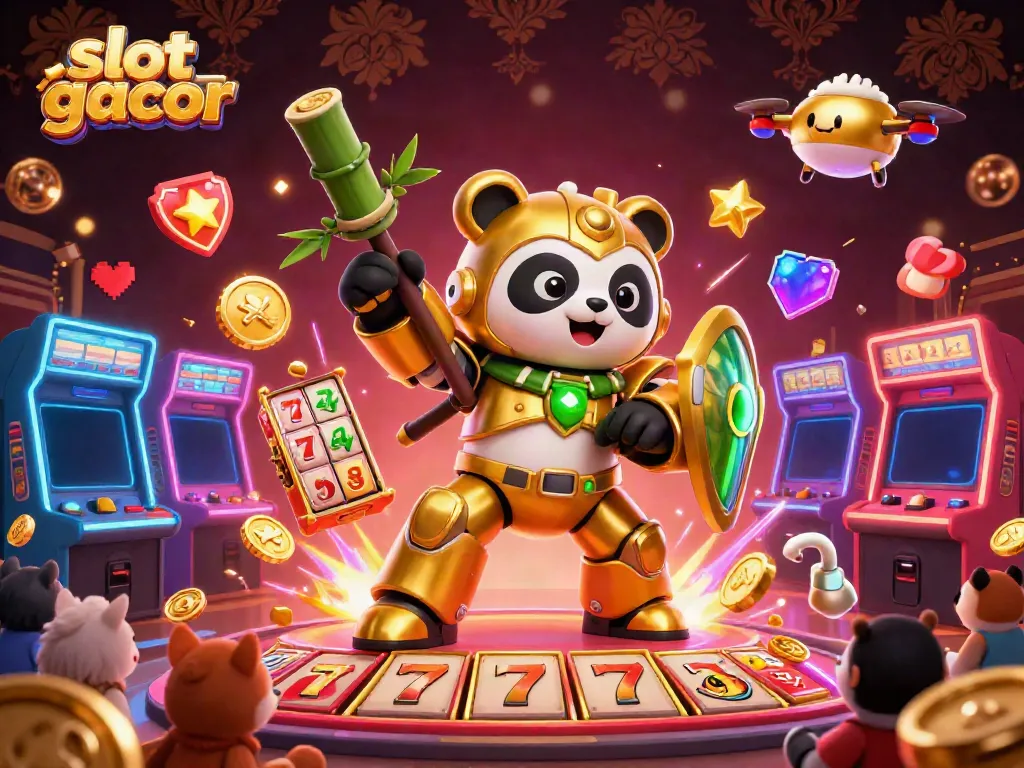 Slot gacor dalam ilustrasi 3D menampilkan panda emas berkostum mech di arena, dikelilingi elemen slot dan mesin permainan.