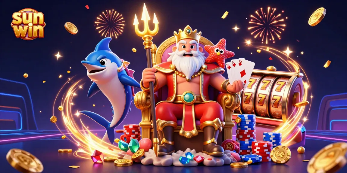 Spin the luck at sun win with vibrant casino elements featuring Neptune and golden coins.