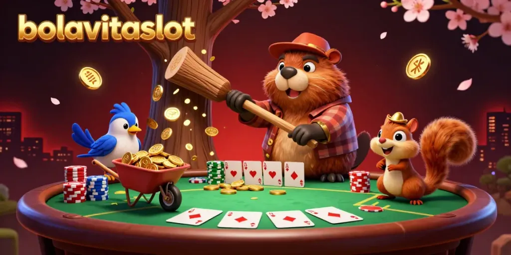 Experience the excitement of bolavitaslot with a vibrant illustration of a beaver and friends amidst golden coins and poker elements.