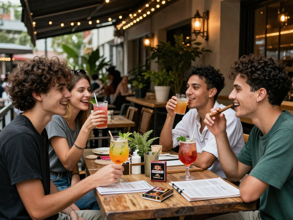 Young friends sharing laughter over drinks at a trendy café, discussing rokok88.
