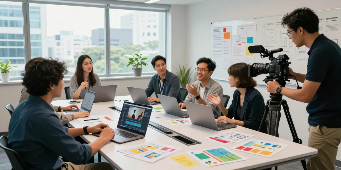 Corporate Video Production House in Singapore capturing a creative team brainstorming in a modern studio