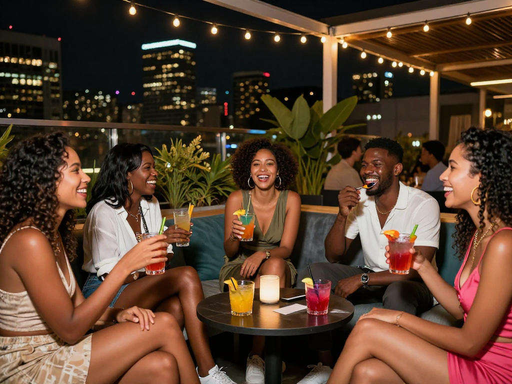Friends enjoying nightlife with rokok88 cocktails at a rooftop lounge