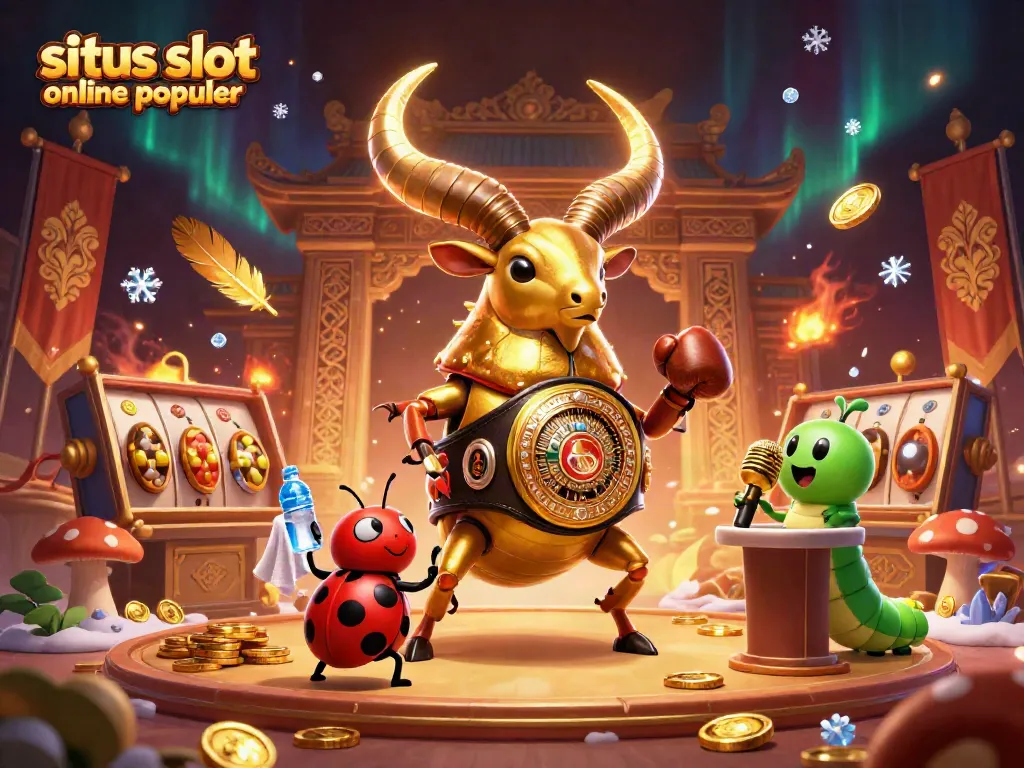 Ilustrasi ceria dengan stik beetle emas raksasa di sabuk juara, menciptakan suasana situs slot online populer yang meriah.